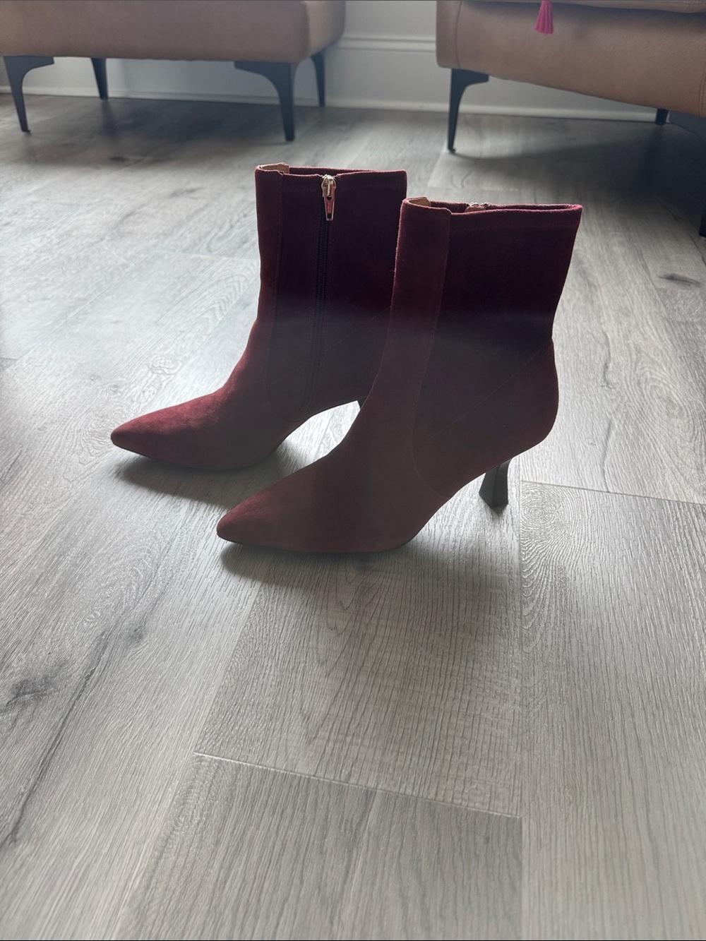 Madewell Pointed-Toe Burgundy Suede Ankle Booties with Side Zip